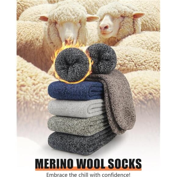 5 Pairs Merino Wool Socks Thermal Wool Winter Crew Socks, Multicolor - Picture 2 of 6